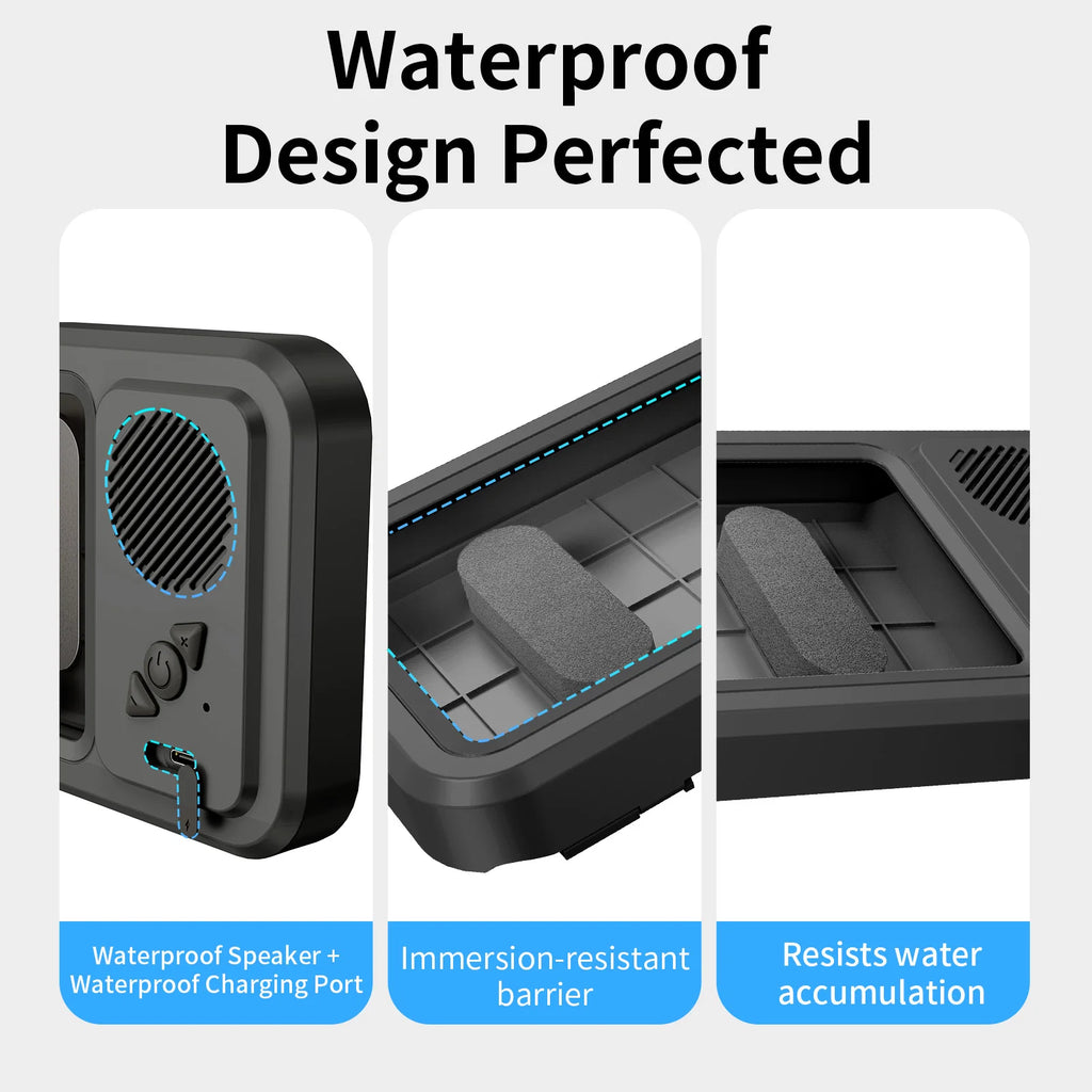 Shower Phone Holder with Wireless Bluetooth Speaker Waterproof Shower Phone Case Wall Mounted Stand for Bathroom Mirror