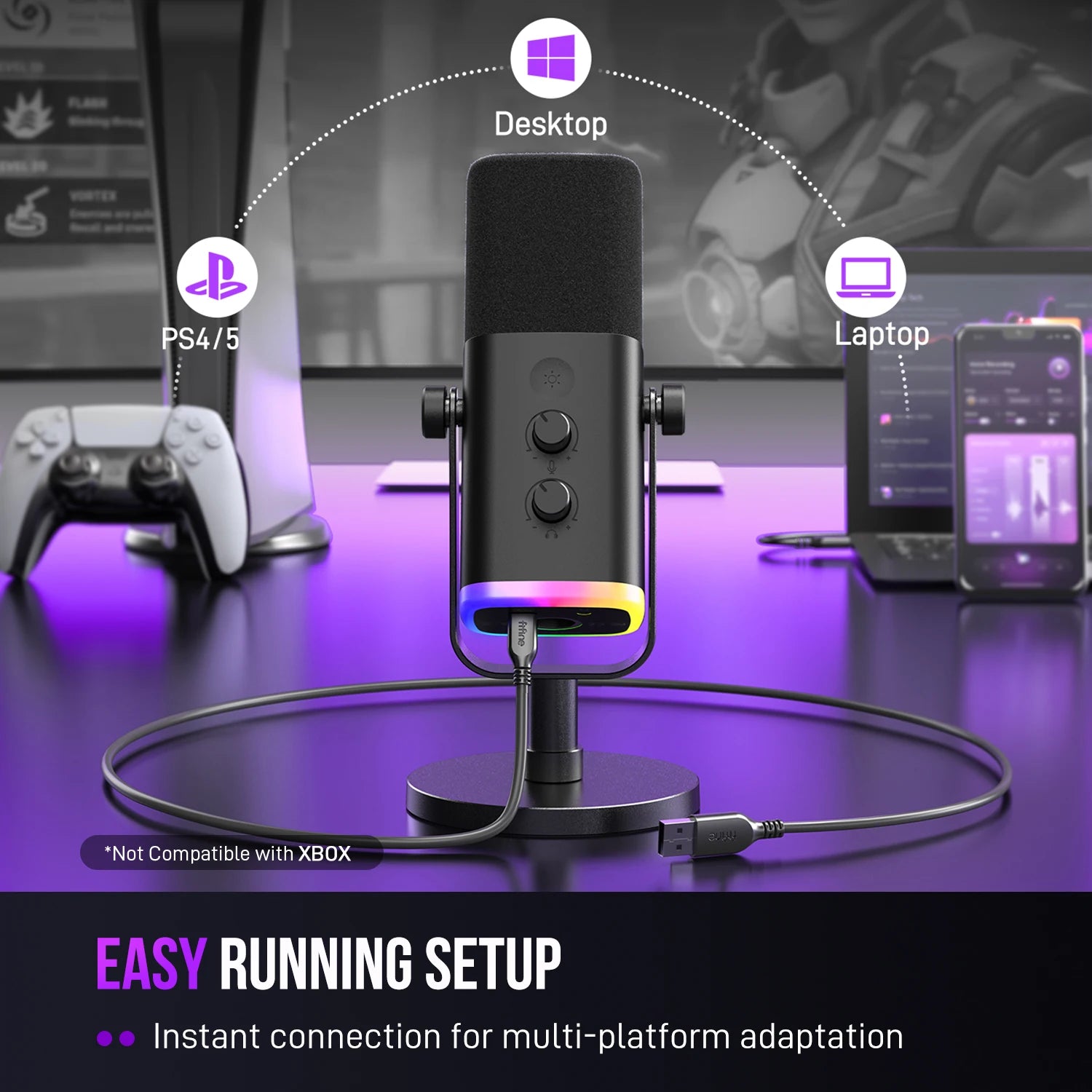 Dynamic Microphone with RGB Control/Headphone jack/Mute,MIC for PC Gaming Recording Streaming