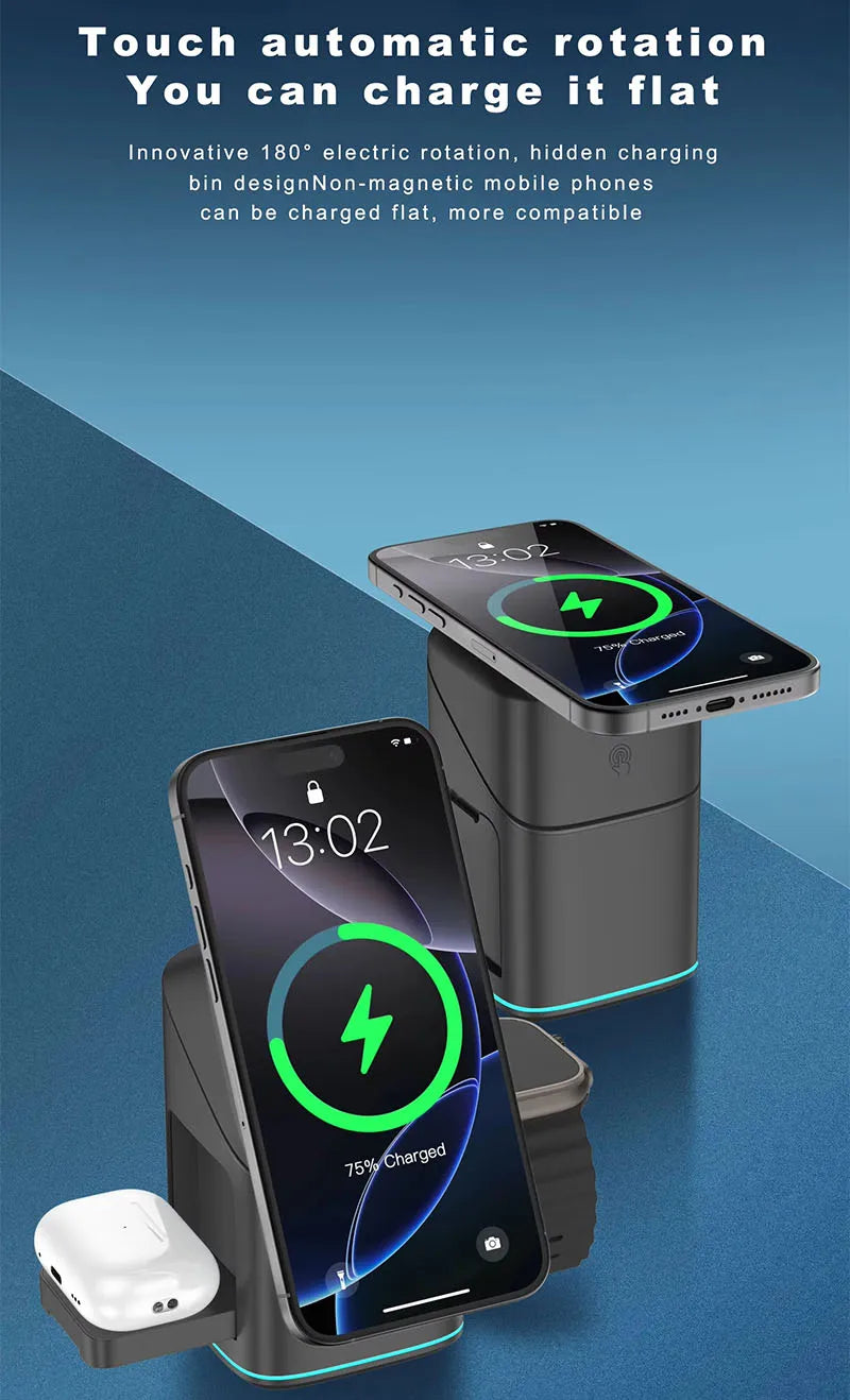 Newest Universal Magnetic Charging Stand 30W Cube Rotational 3 in 1 Touch Auto Rotation Wireless Charger With Light