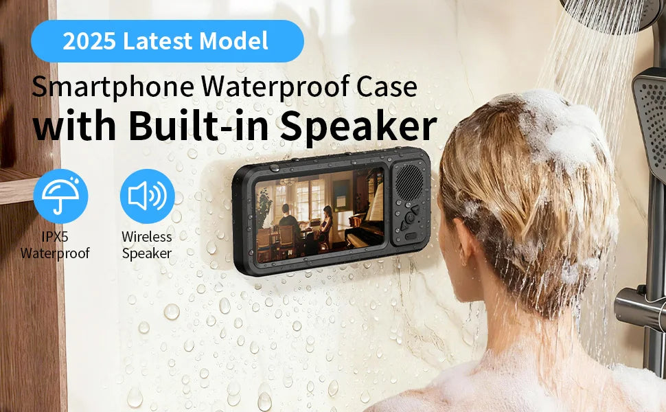 Shower Phone Holder with Wireless Bluetooth Speaker Waterproof Shower Phone Case Wall Mounted Stand for Bathroom Mirror