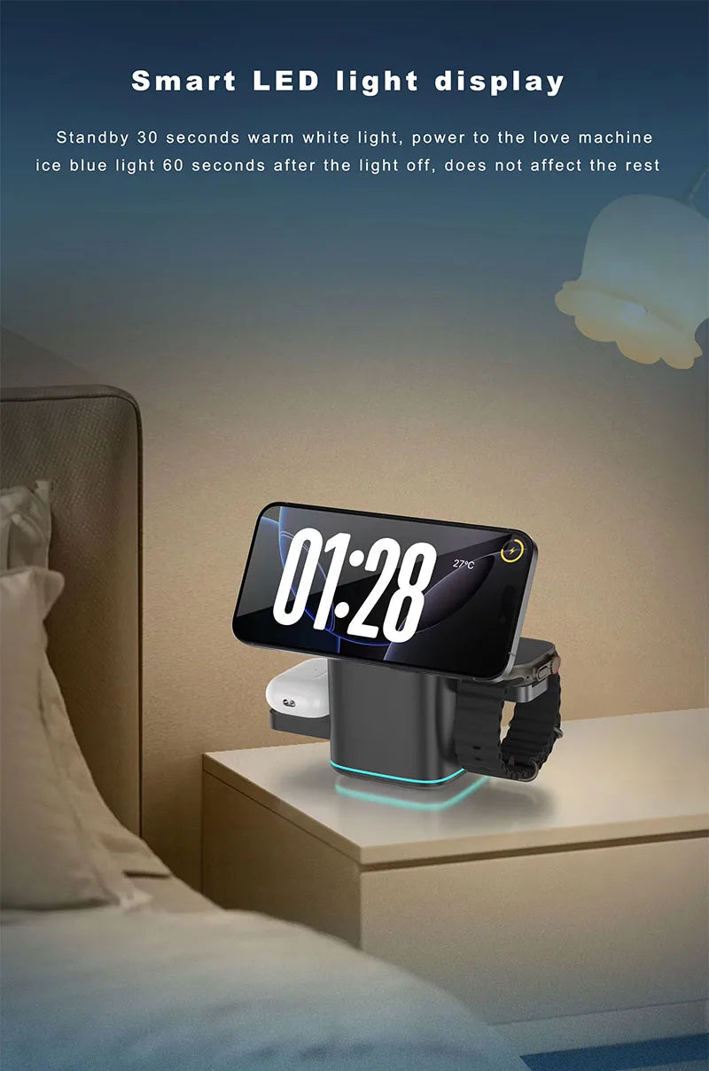 Newest Universal Magnetic Charging Stand 30W Cube Rotational 3 in 1 Touch Auto Rotation Wireless Charger With Light
