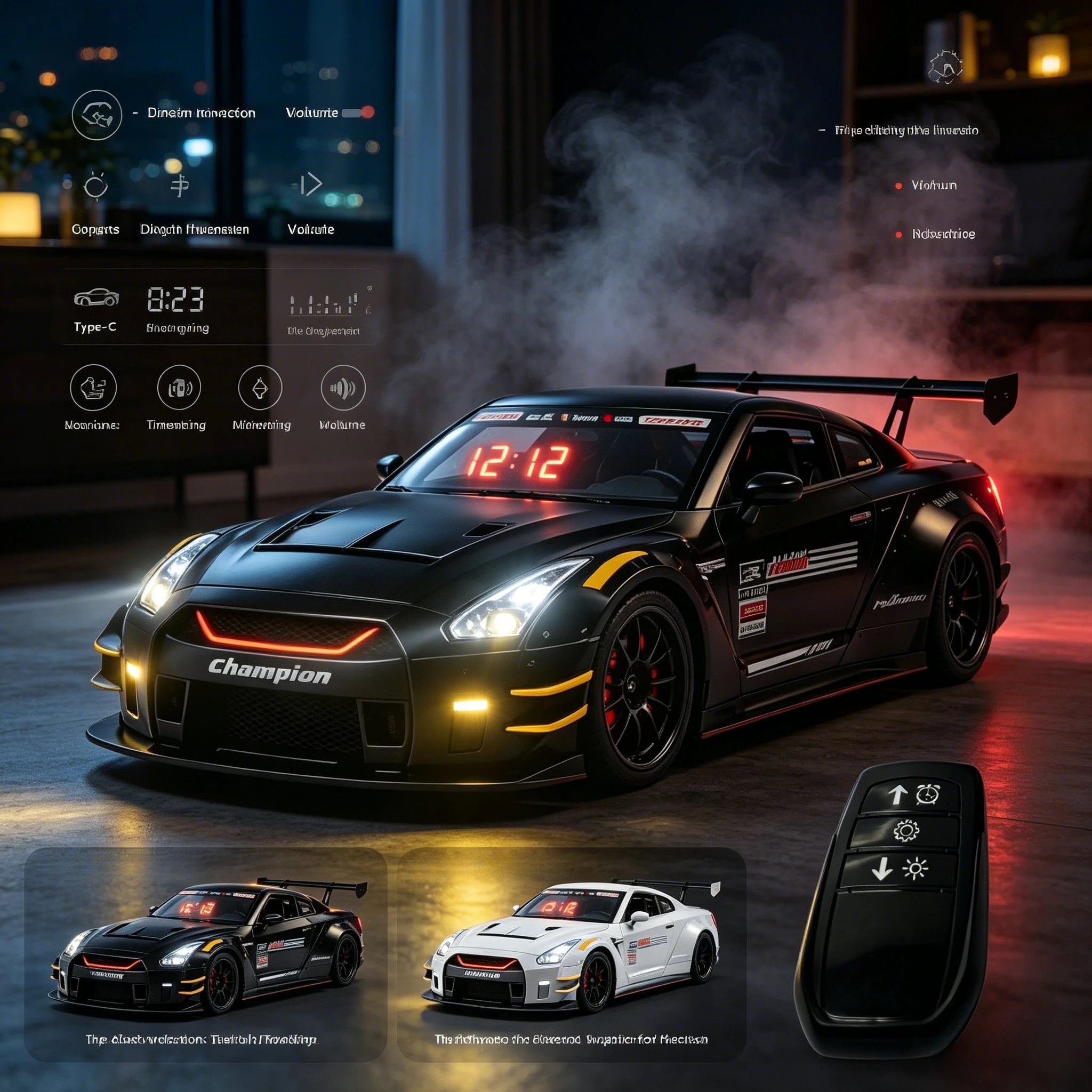 Multifunctional Super Car ALARM Clock with Dynamic Effects High Definition Crystal LED Screen Built-in Engine Sounds