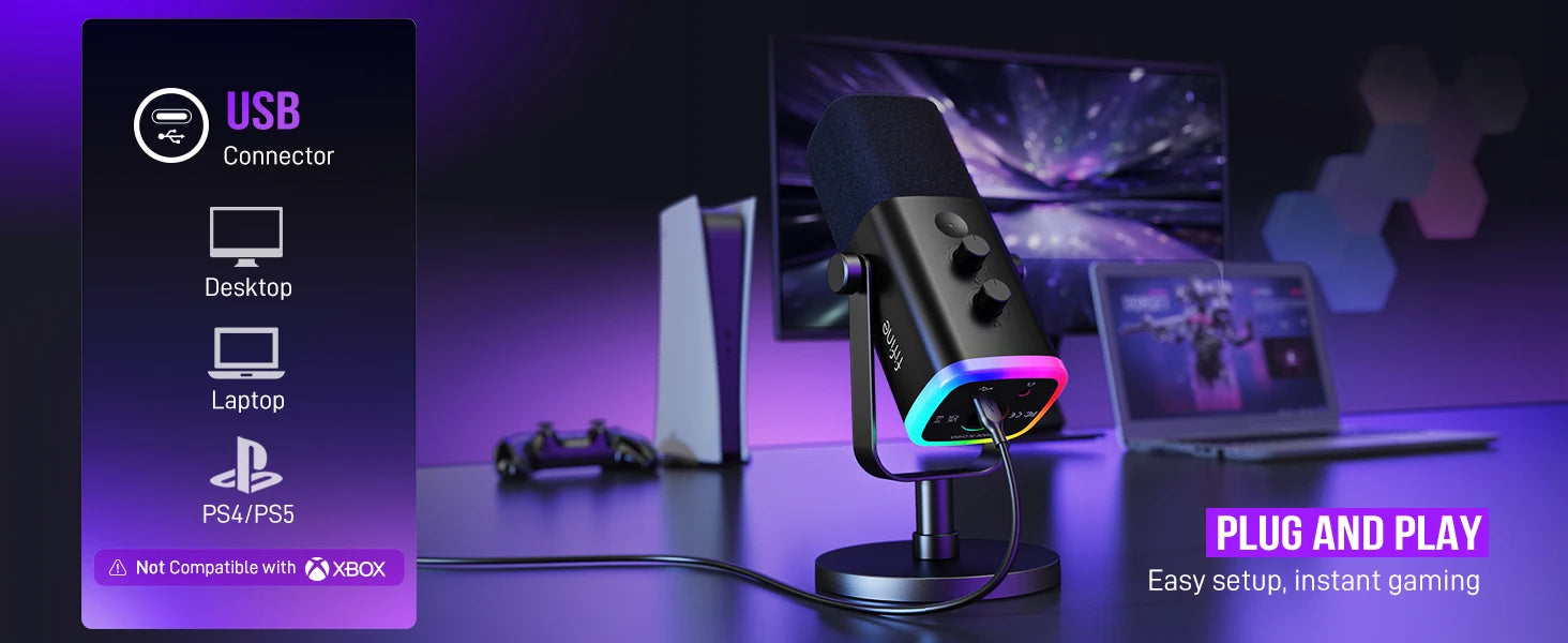 Dynamic Microphone with RGB Control/Headphone jack/Mute,MIC for PC Gaming Recording Streaming