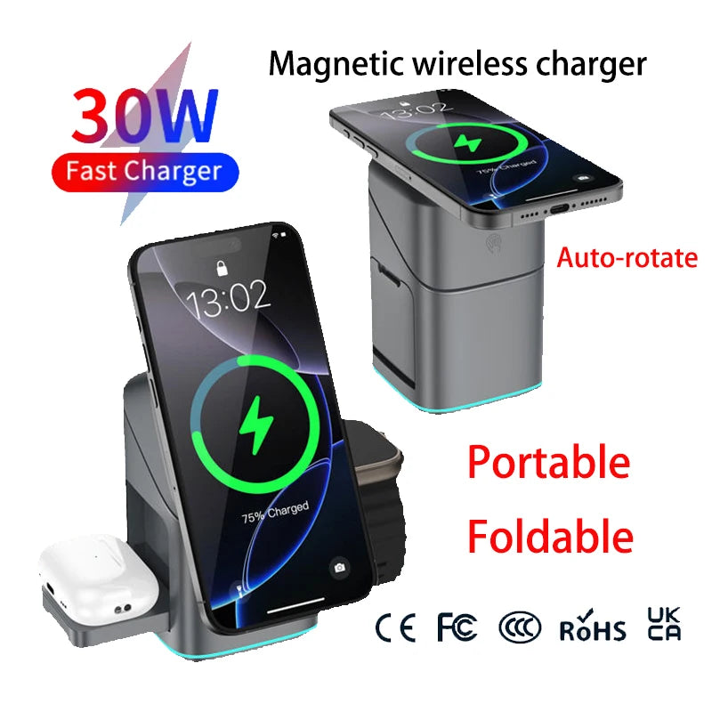 Newest Universal Magnetic Charging Stand 30W Cube Rotational 3 in 1 Touch Auto Rotation Wireless Charger With Light