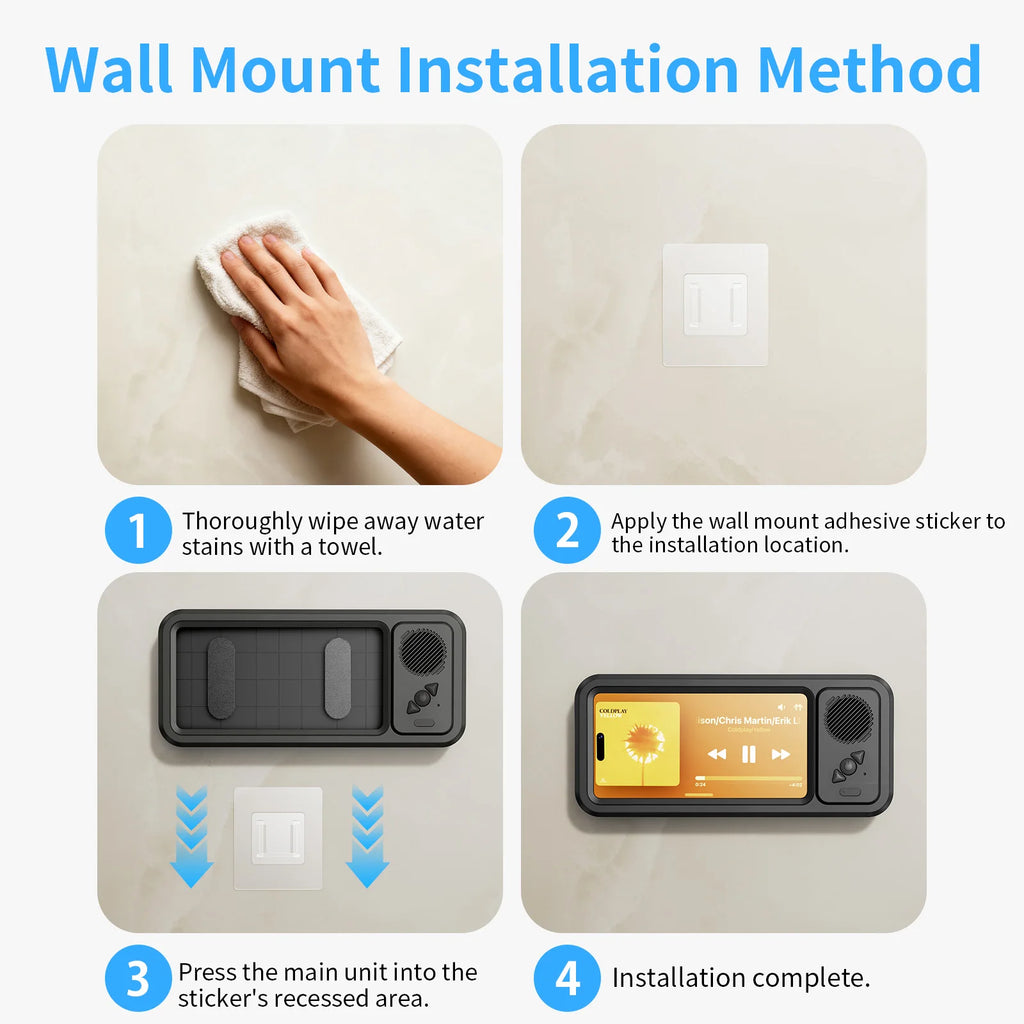 Shower Phone Holder with Wireless Bluetooth Speaker Waterproof Shower Phone Case Wall Mounted Stand for Bathroom Mirror