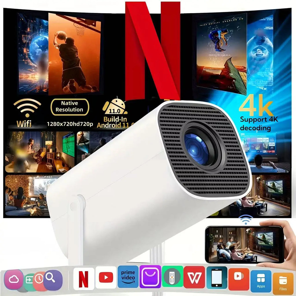 New Portable Projector With WiFi 6 And Wireless 5.0, Native 720P Support 4K Smart Projector, Adjustable Screen, 180° Rotation,