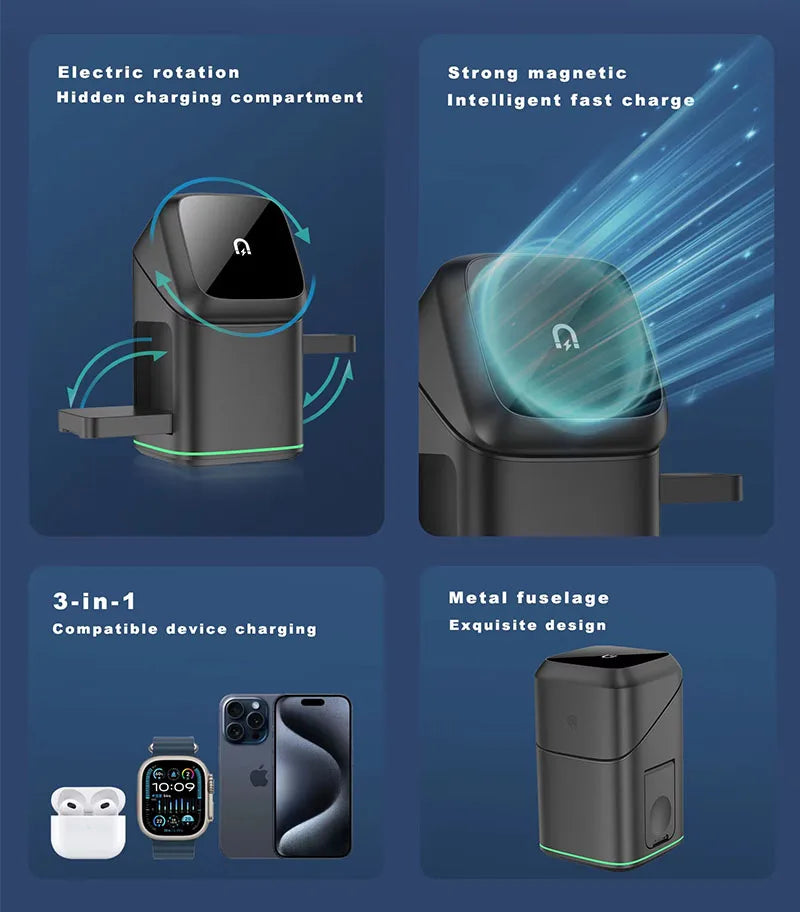 Newest Universal Magnetic Charging Stand 30W Cube Rotational 3 in 1 Touch Auto Rotation Wireless Charger With Light