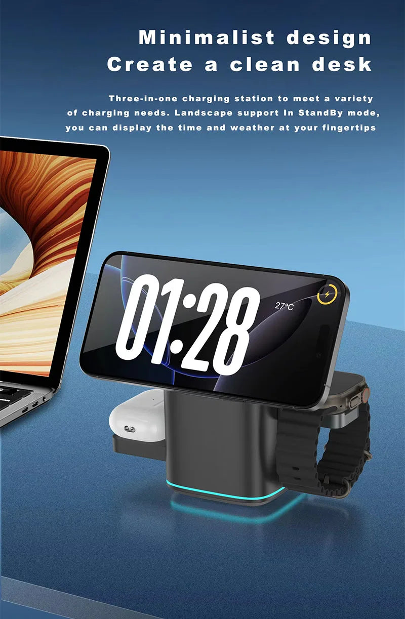 Newest Universal Magnetic Charging Stand 30W Cube Rotational 3 in 1 Touch Auto Rotation Wireless Charger With Light