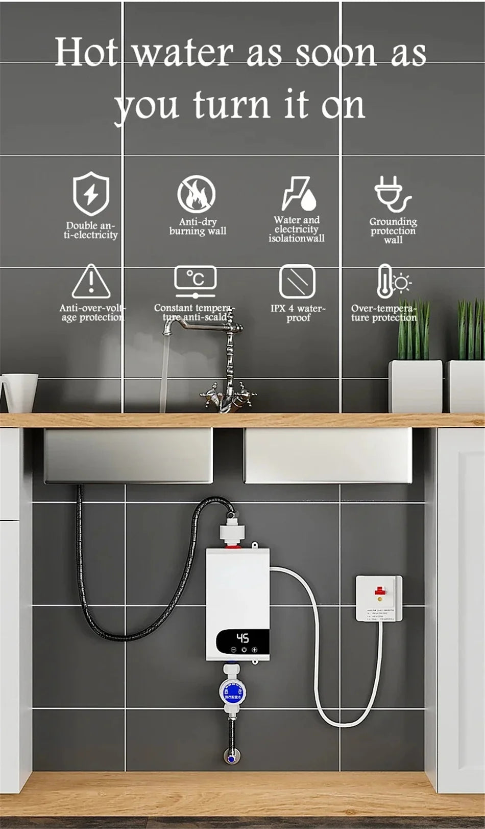 INSTANT Water Heater Portable Electric Heaters for Bathroom Hot Water Shower and Home Kitchen Heating