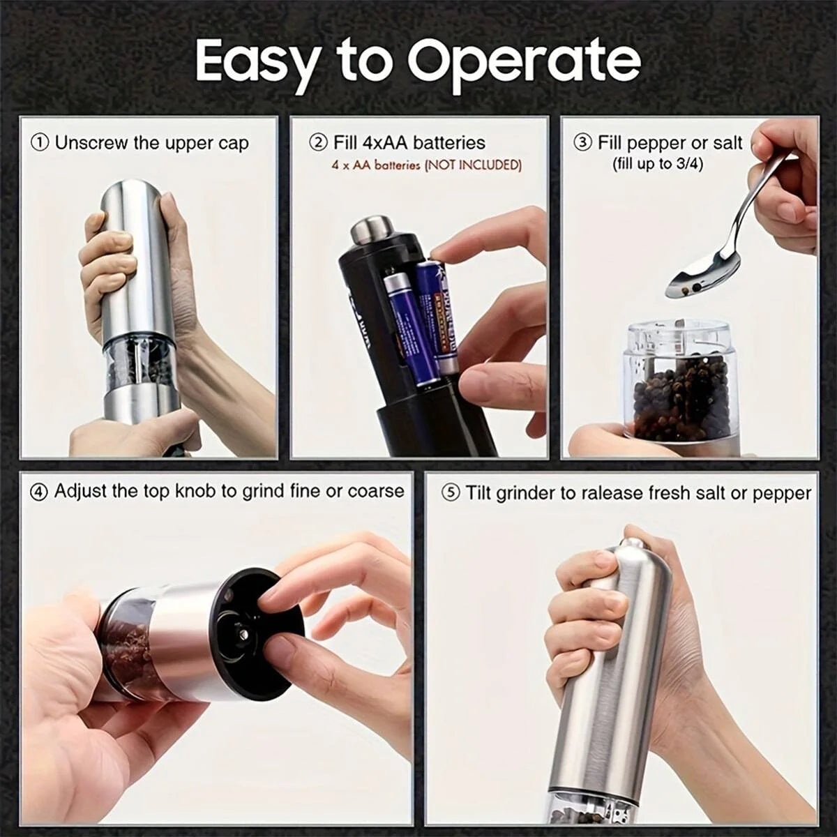 Stainless Steel Electric Pepper Grinder Spices Sea Salt Kitchen Outdoor Barbecue Seasoning Coarser Adjustment Cooking Tool