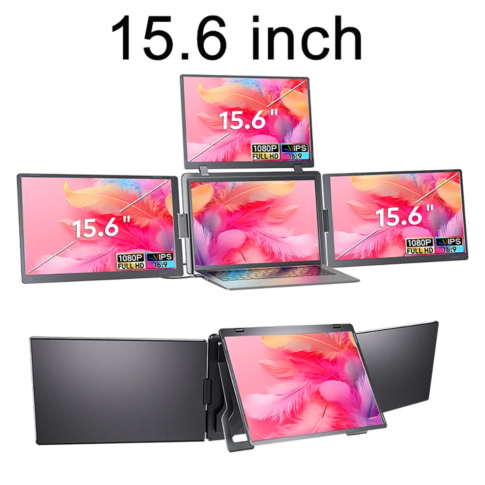 16 Inch Portable Triple Screen LCD Backlit Monitor FHD Display Secondary Extender for Notebook with Single Cable Connection
