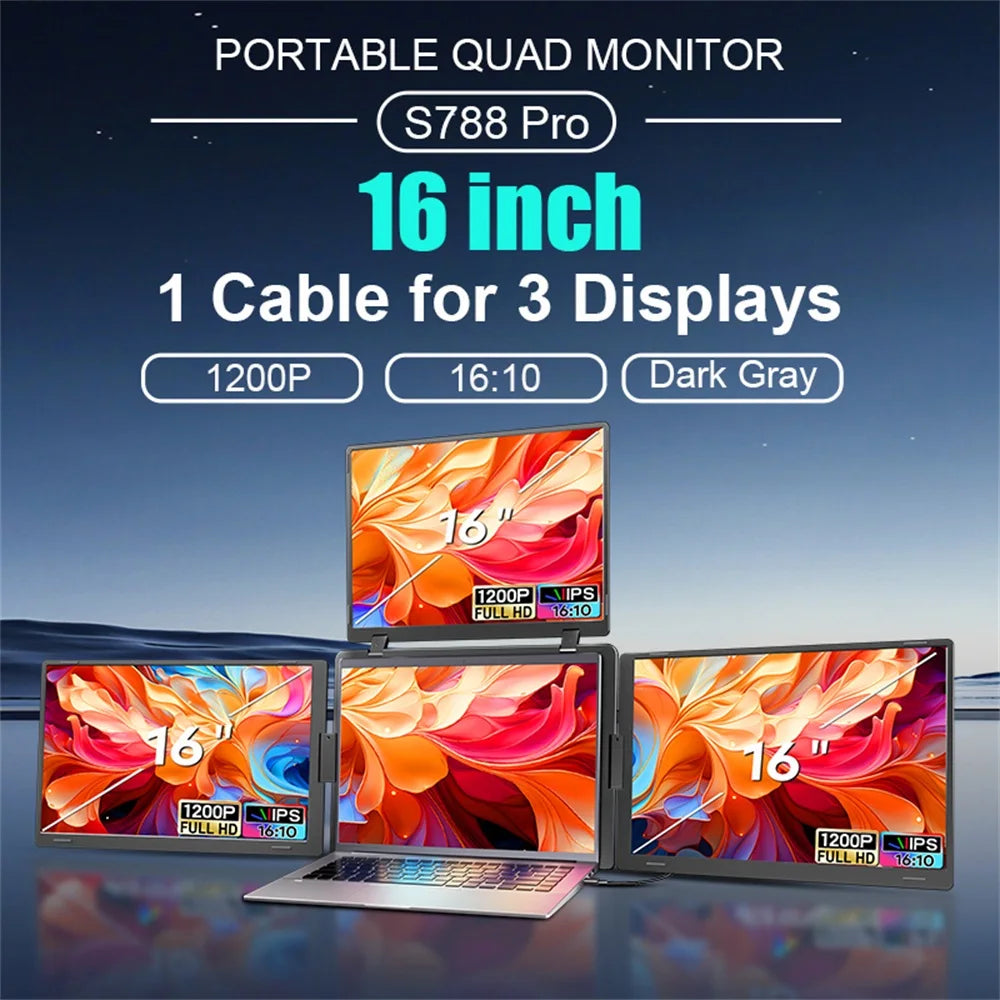 16 Inch Portable Triple Screen LCD Backlit Monitor FHD Display Secondary Extender for Notebook with Single Cable Connection