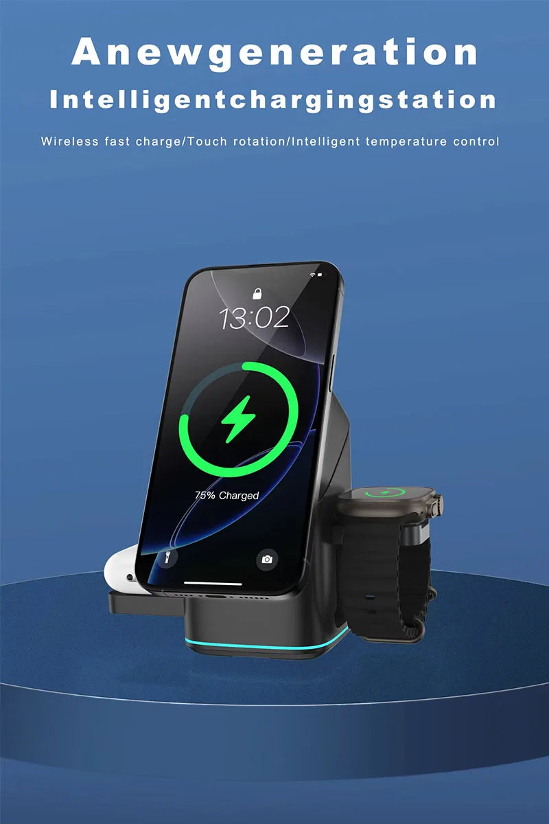 Newest Universal Magnetic Charging Stand 30W Cube Rotational 3 in 1 Touch Auto Rotation Wireless Charger With Light