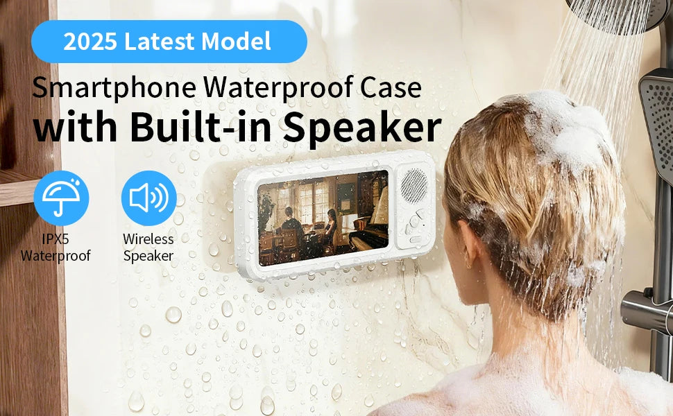 Shower Phone Holder with Wireless Bluetooth Speaker Waterproof Shower Phone Case Wall Mounted Stand for Bathroom Mirror