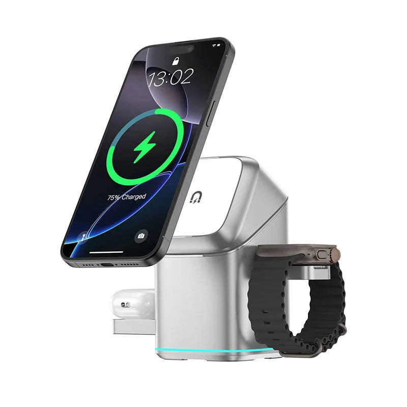Newest Universal Magnetic Charging Stand 30W Cube Rotational 3 in 1 Touch Auto Rotation Wireless Charger With Light