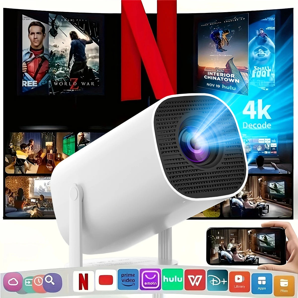 New Portable Projector With WiFi 6 And Wireless 5.0, Native 720P Support 4K Smart Projector, Adjustable Screen, 180° Rotation,