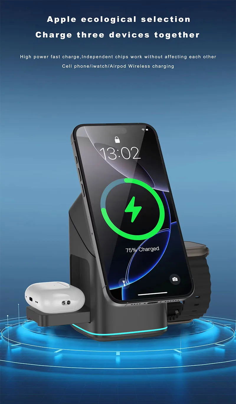 Newest Universal Magnetic Charging Stand 30W Cube Rotational 3 in 1 Touch Auto Rotation Wireless Charger With Light