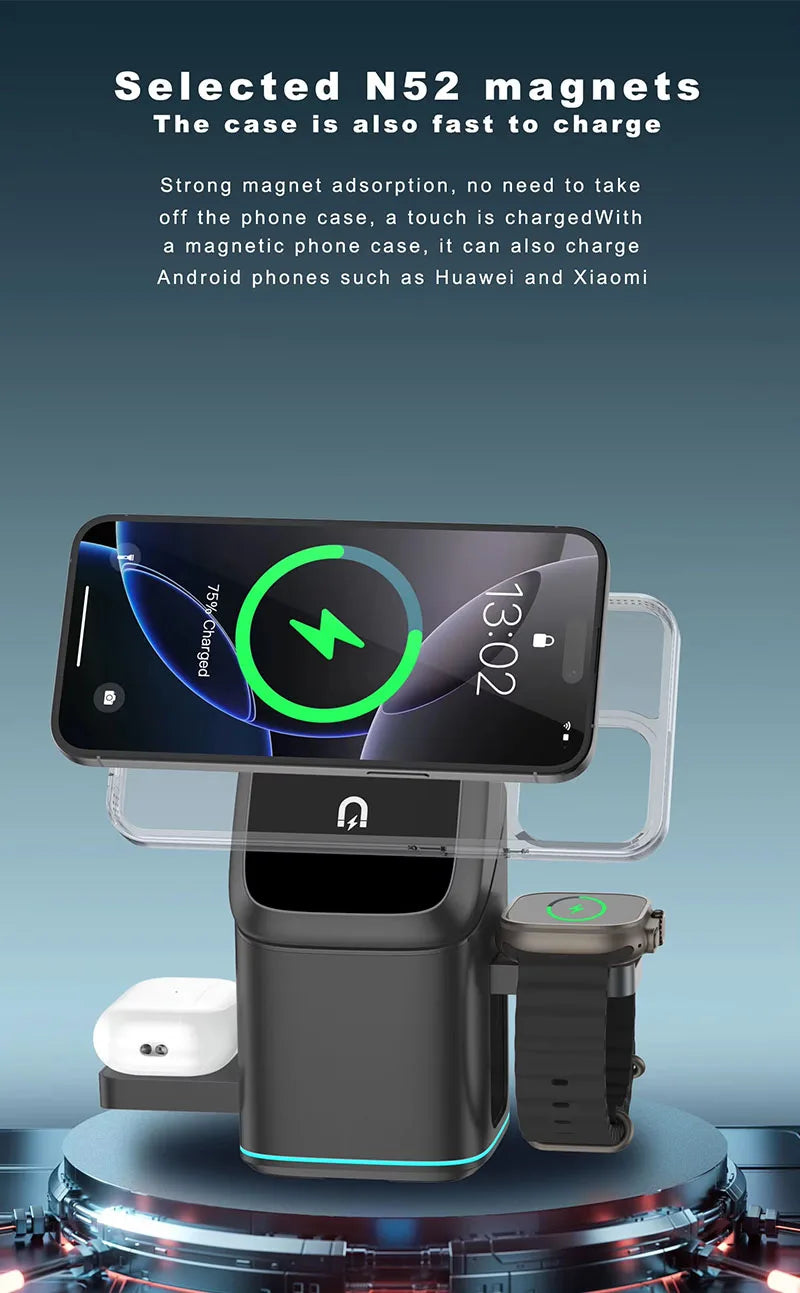 Newest Universal Magnetic Charging Stand 30W Cube Rotational 3 in 1 Touch Auto Rotation Wireless Charger With Light