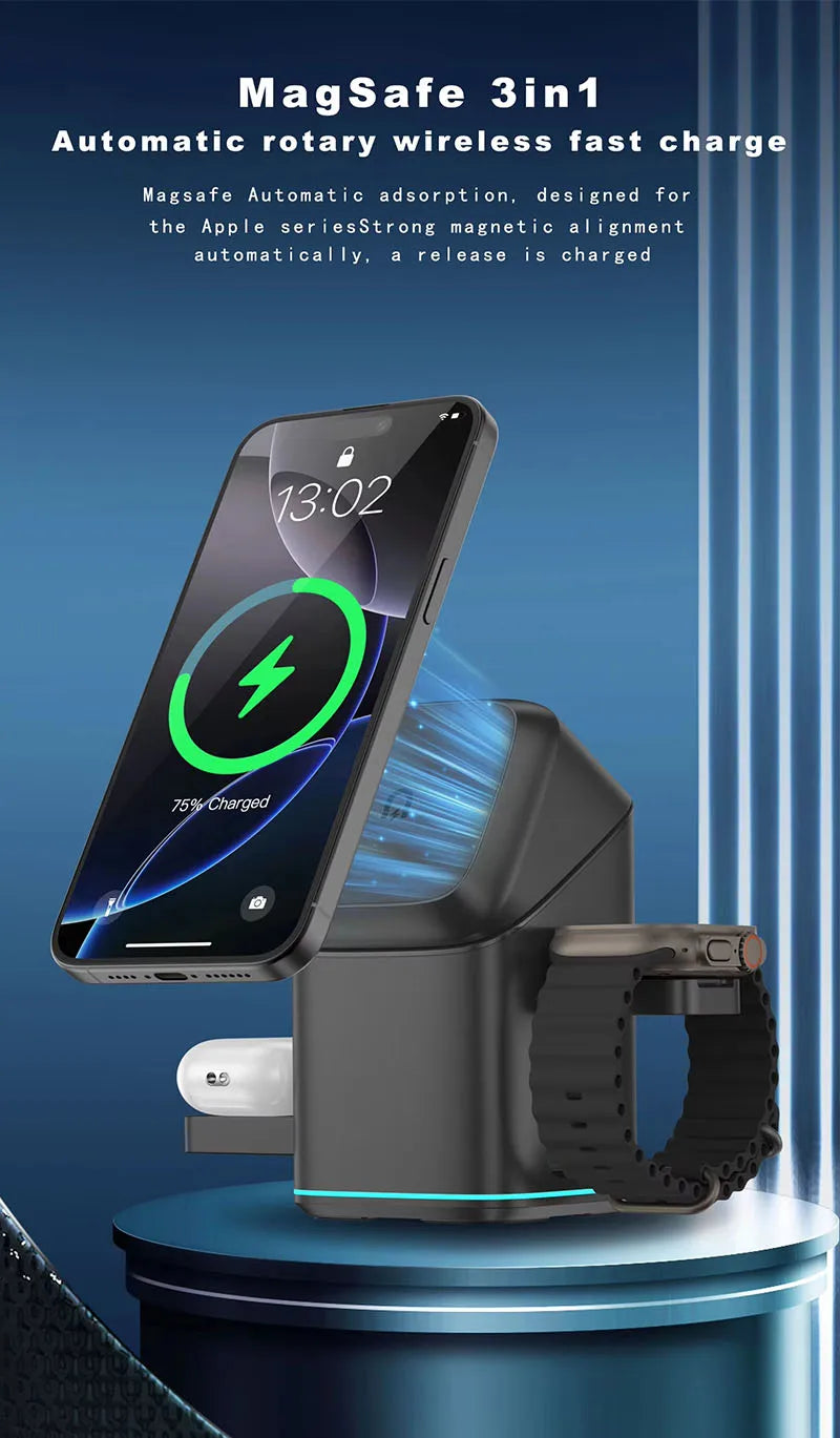 Newest Universal Magnetic Charging Stand 30W Cube Rotational 3 in 1 Touch Auto Rotation Wireless Charger With Light