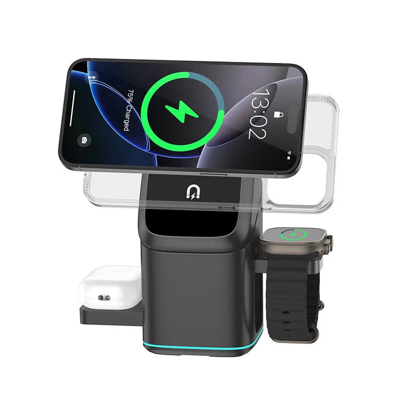 Newest Universal Magnetic Charging Stand 30W Cube Rotational 3 in 1 Touch Auto Rotation Wireless Charger With Light